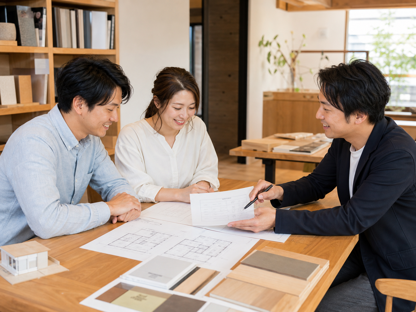 家づくり相談会で図面を見ながら相談する様子
